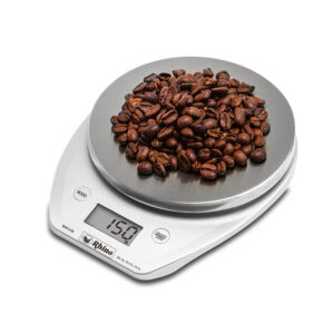 Vista superior de la báscula RHINO BACI-5X con plato plástico y botón TARA
