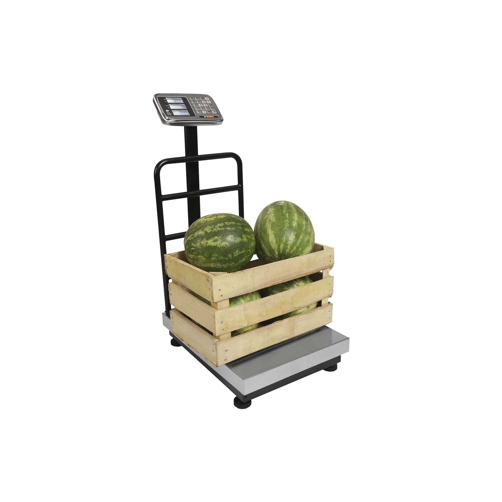 Báscula Rhino BP-500 de 500 kg pesando cajas con sandías