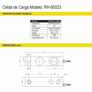 Especificaciones técnicas y dimensiones de celda de carga Rhino RH-65023 de 2 toneladas