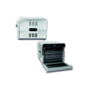 Vista lateral y frontal del deshidratador Rhino con puerta abierta y bandejas extraíbles