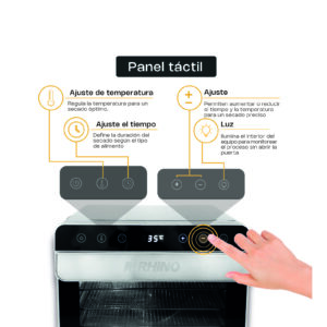 Panel táctil del deshidratador Rhino con controles de temperatura, tiempo y luz