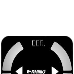 Vista frontal de báscula inteligente Rhino BABAIN-180NG con superficie de cristal templado