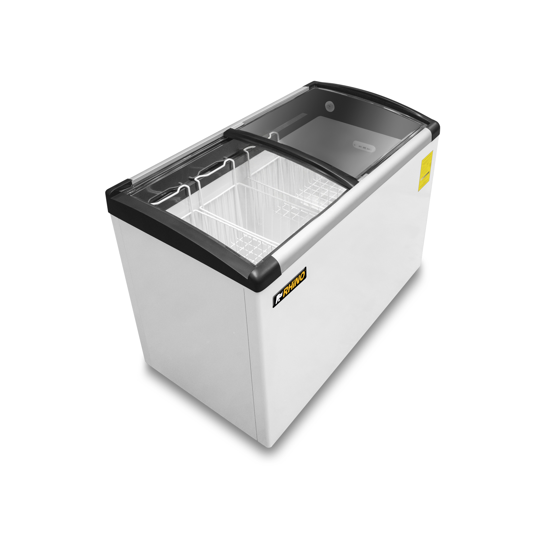 Vista superior de congelador RHINO CONGECRI-10C con tapa de cristal curvo y canastillas