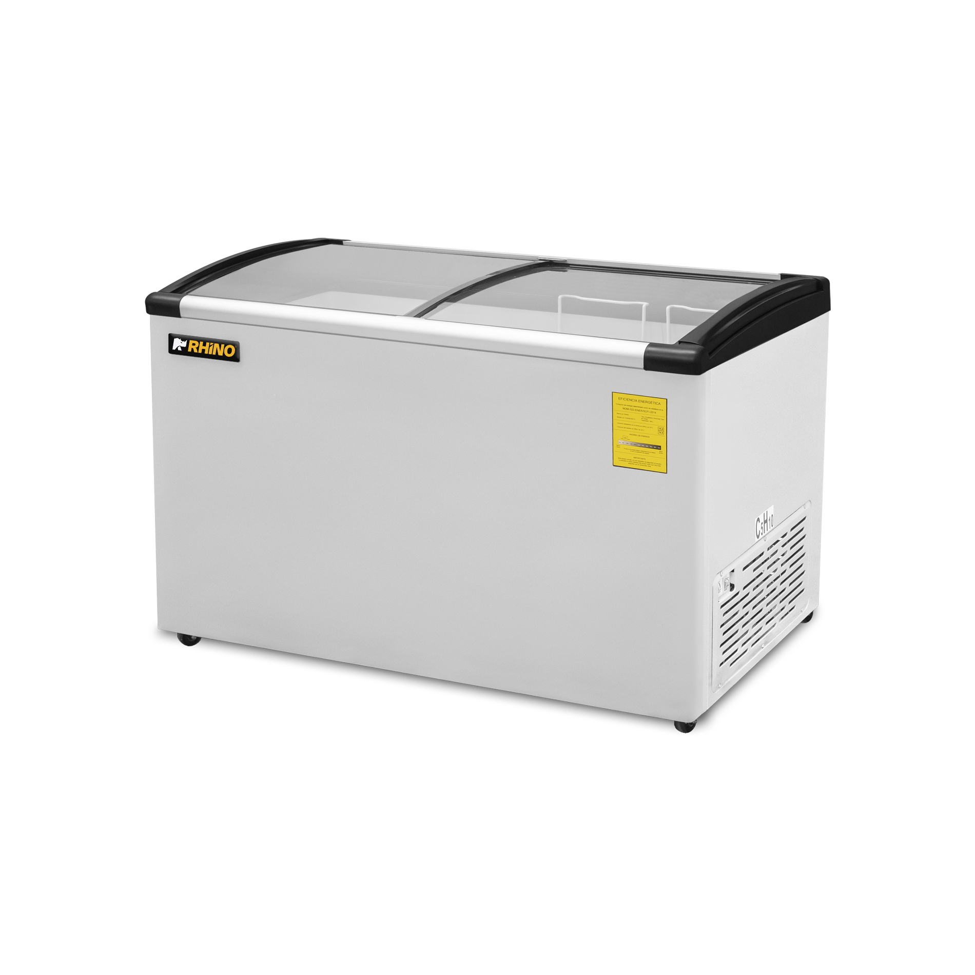 Congelador tapa de cristal curvo RHINO CONGECRI-7C de 7 pies cúbicos vista frontal lateral