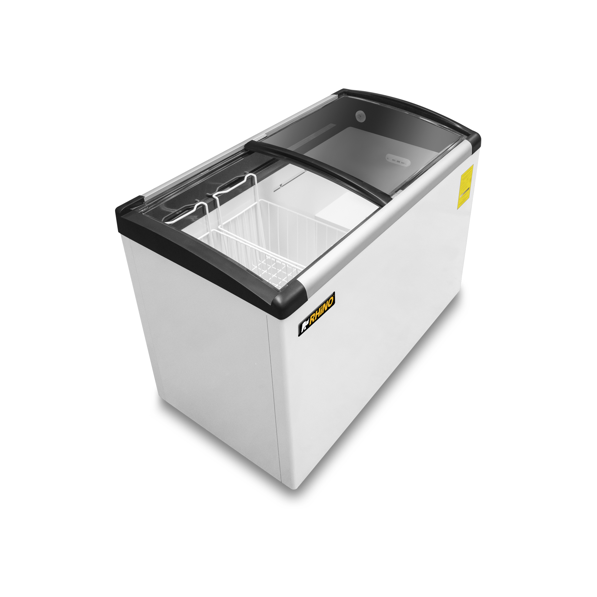 Vista superior de congelador tapa de cristal curvo RHINO CONGECRI-7C con canastillas