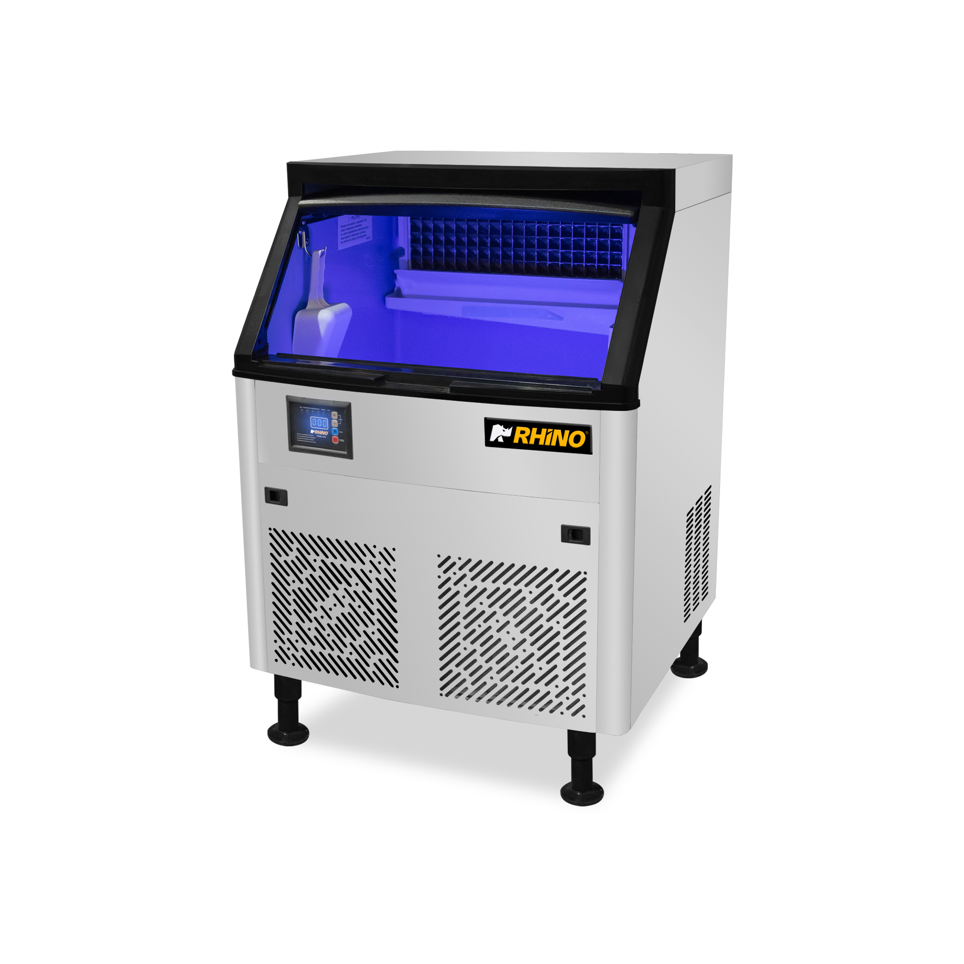 Fábrica de hielo Rhino FAHIEL-100 vista frontal lateral con interior iluminado