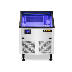Fábrica de hielo Rhino FAHIEL-100 con tapa abierta e interior iluminado