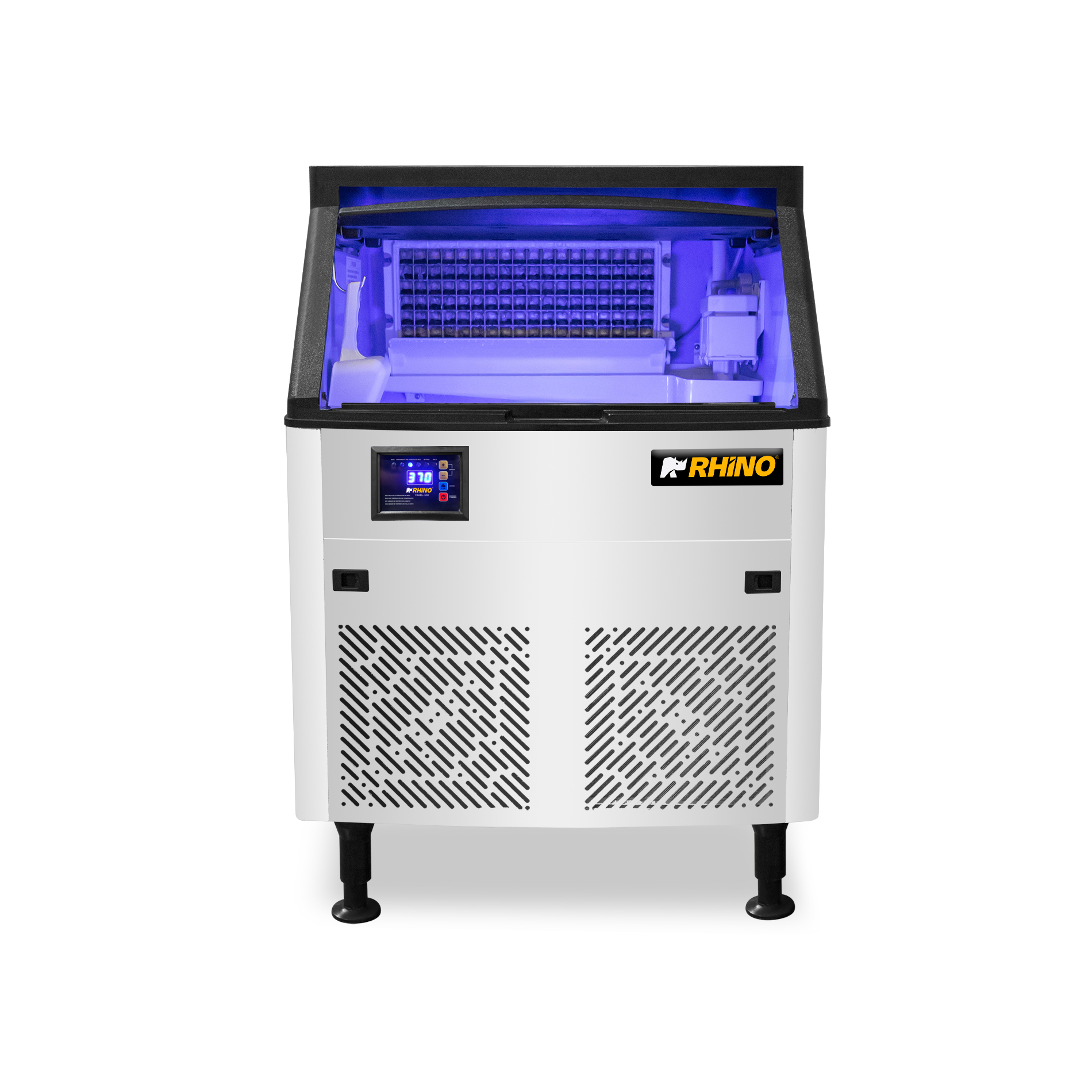 Fábrica de hielo Rhino FAHIEL-100 con tapa abierta e interior iluminado