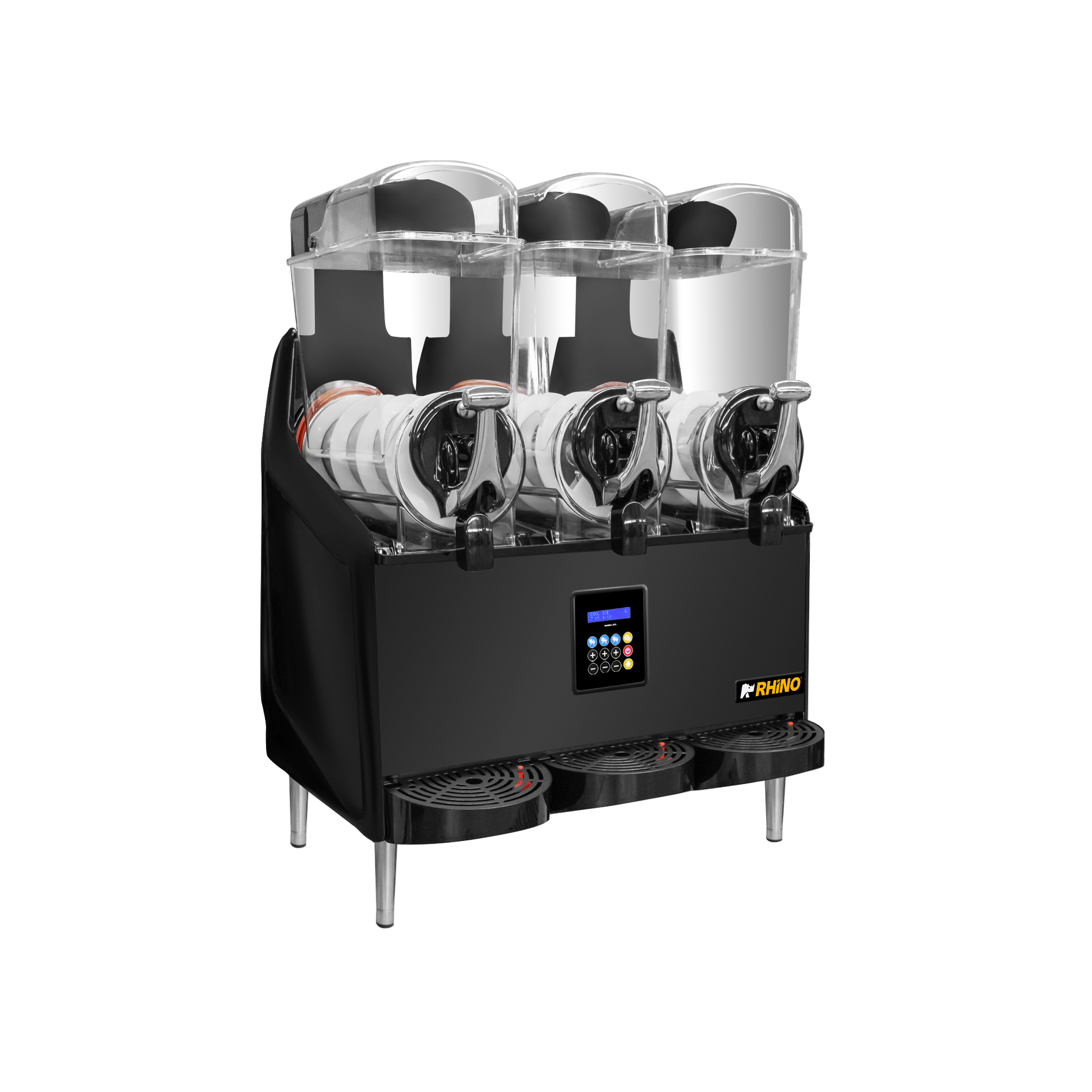 Máquina granizadora premium Rhino MAGRA-3TX vista frontal lateral con tres tolvas