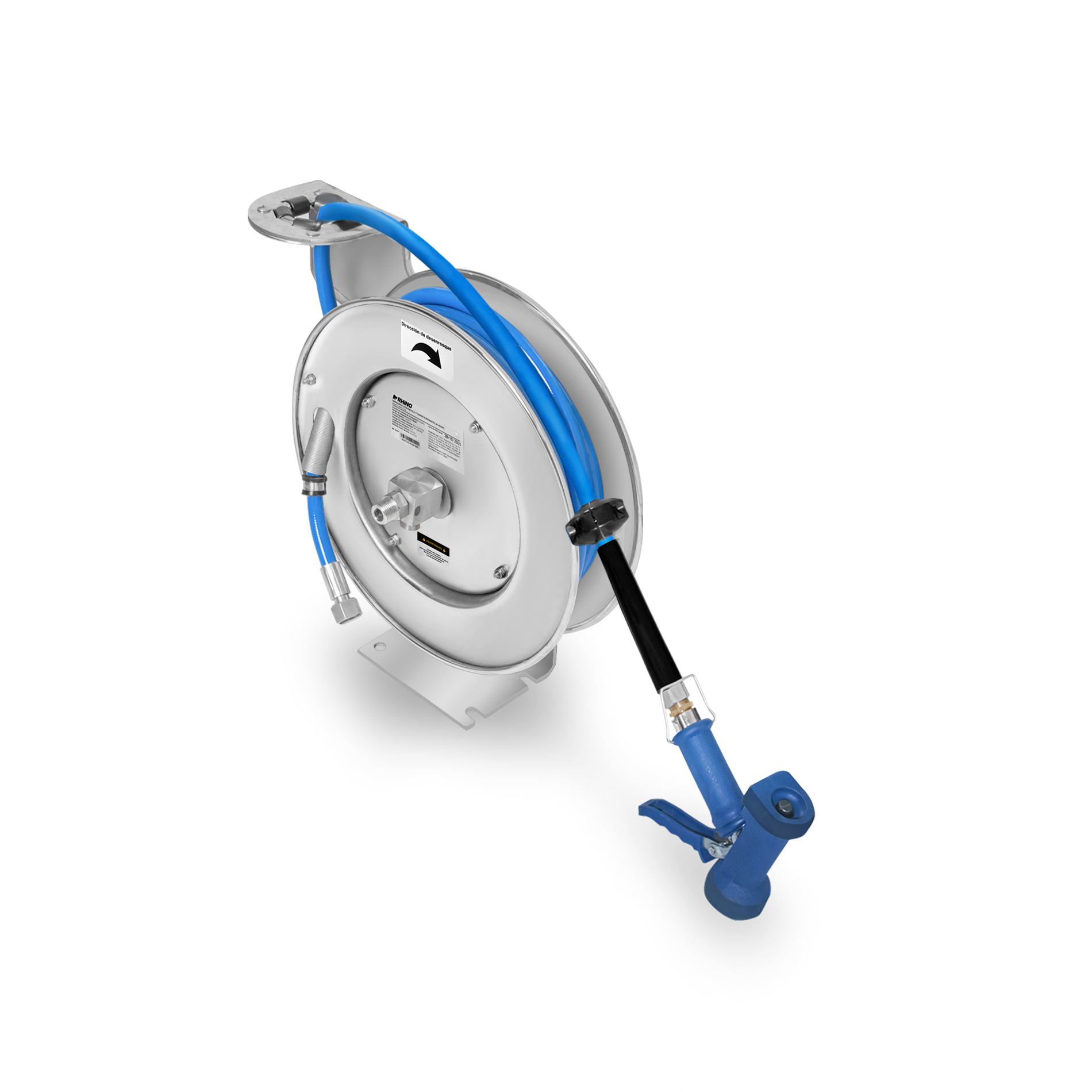 Carrete retráctil Rhino MAPCA-10X con manguera azul y pistola de lavado