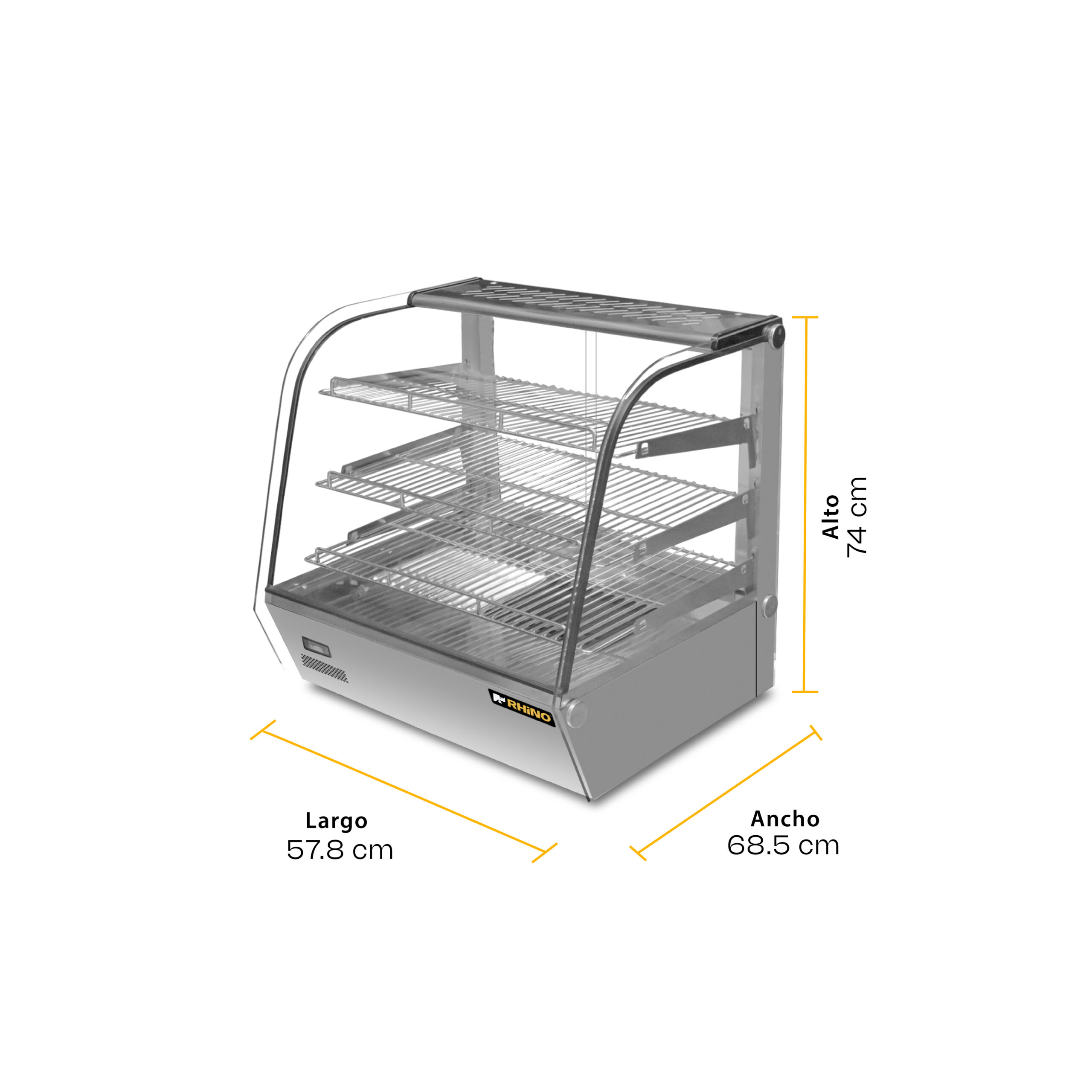 Vitrina caliente Rhino VICAMO-120L con medidas del equipo
