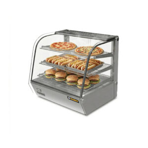Vitrina caliente Rhino VICAMO-160L con pizzas, hamburguesas y hot dogs en exhibición