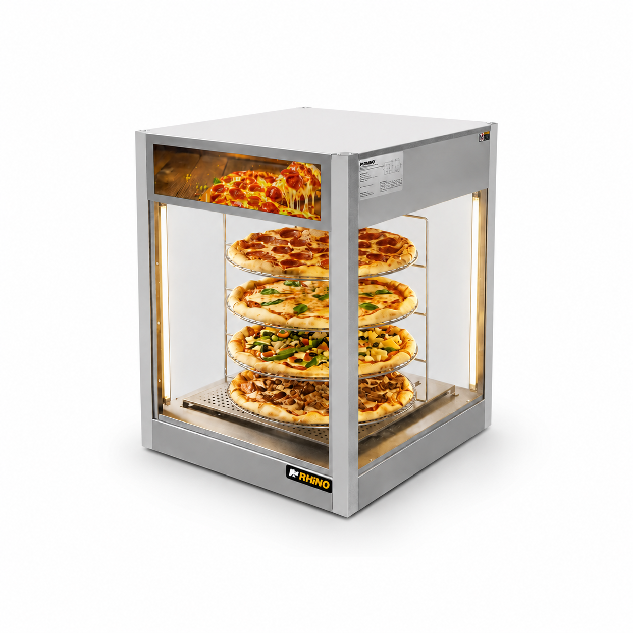 Vitrina calentadora Rhino VICAPI-177L con cuatro pizzas en exhibición