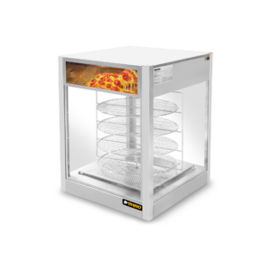 Vitrina calentadora de pizza Rhino VICAPI-177L vista lateral con cuatro parrillas giratorias