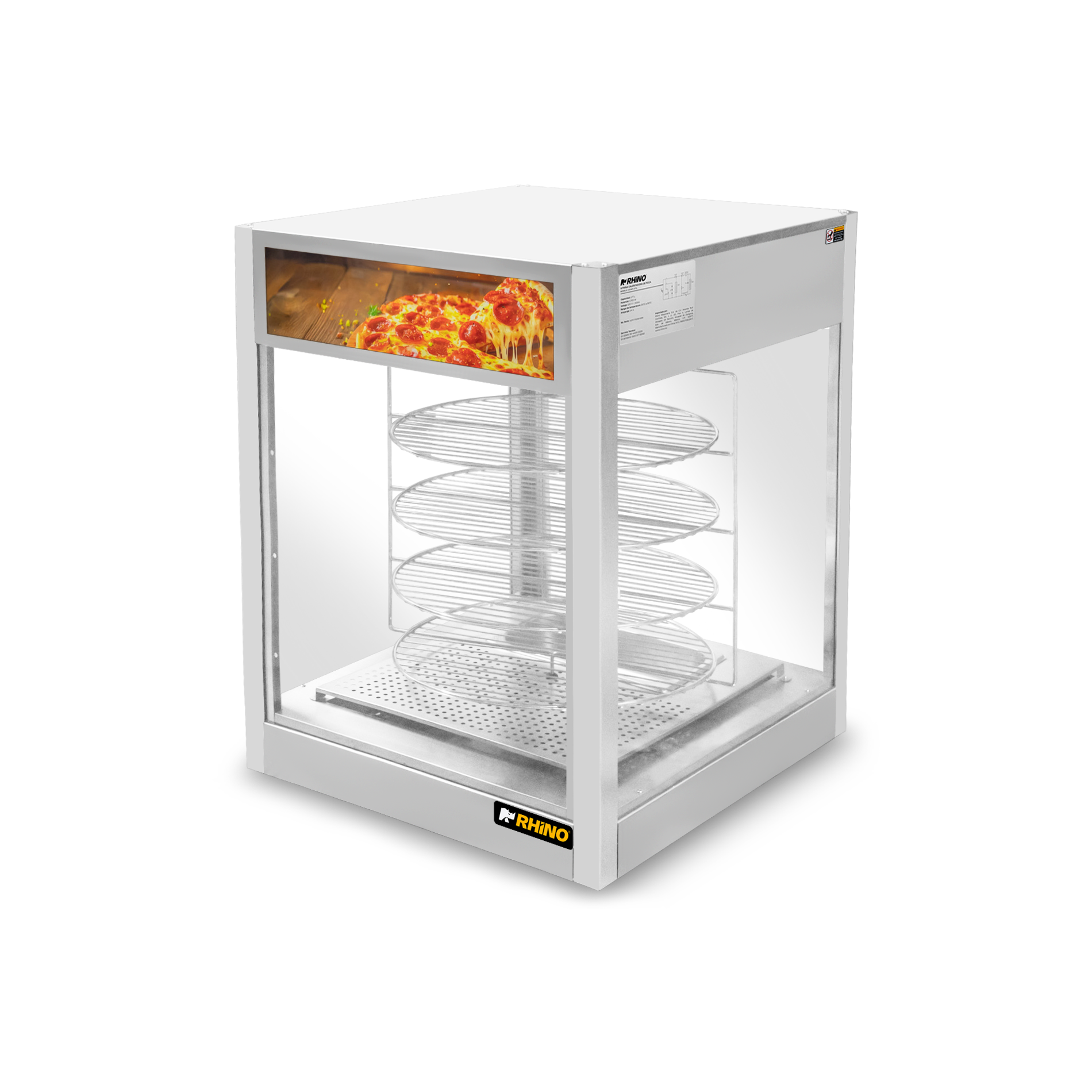 Vitrina calentadora de pizza Rhino VICAPI-177L vista lateral con cuatro parrillas giratorias