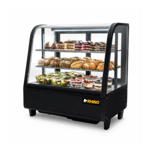 Vitrina refrigerada Rhino VIREMO-100 con postres, panes y alimentos fríos en exhibición