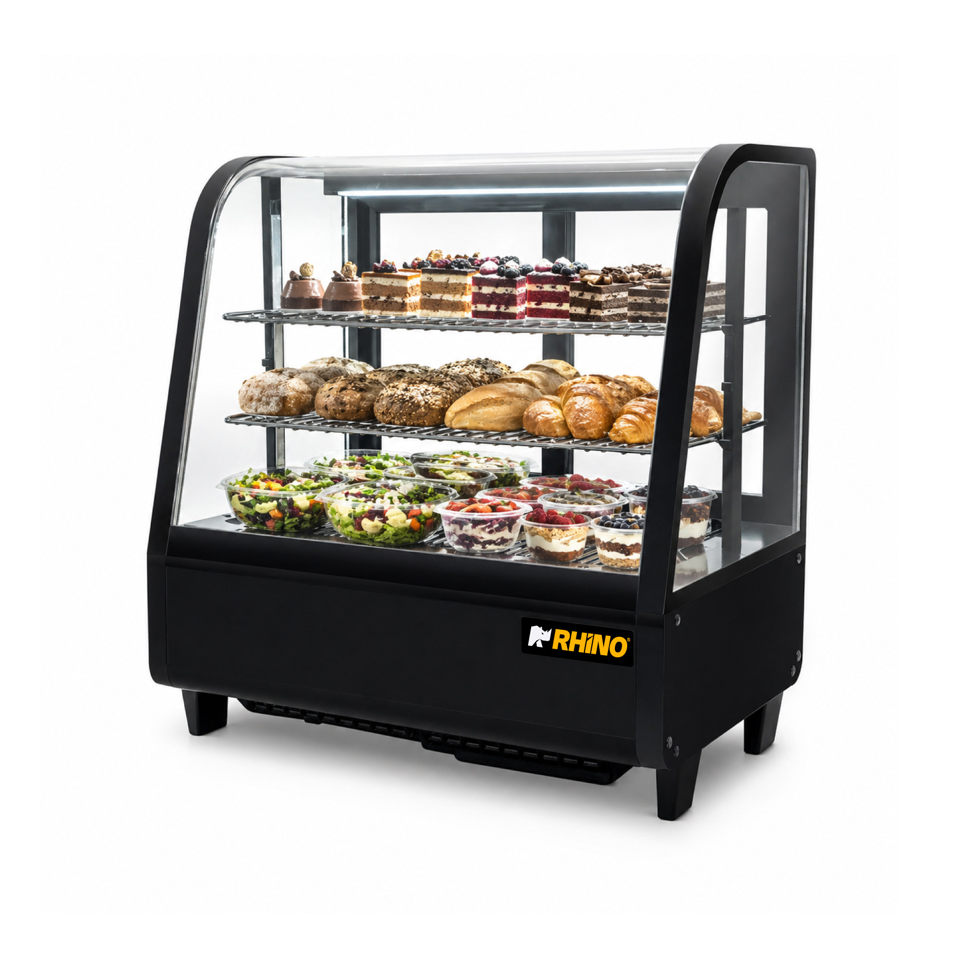 Vitrina refrigerada Rhino VIREMO-100 con postres, panes y alimentos fríos en exhibición