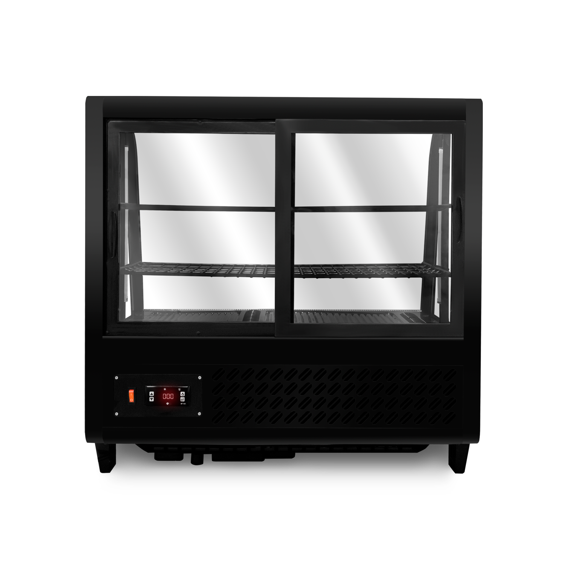Parte posterior de vitrina refrigerada Rhino VIREMO-100 con puertas corredizas y panel digital