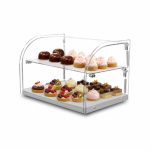 Vitrina neutra curva Rhino VITNEU-45C con postres y tartas en exhibición
