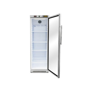 Refrigerador vertical Rhino REVEAB-13C con puerta de cristal abierta