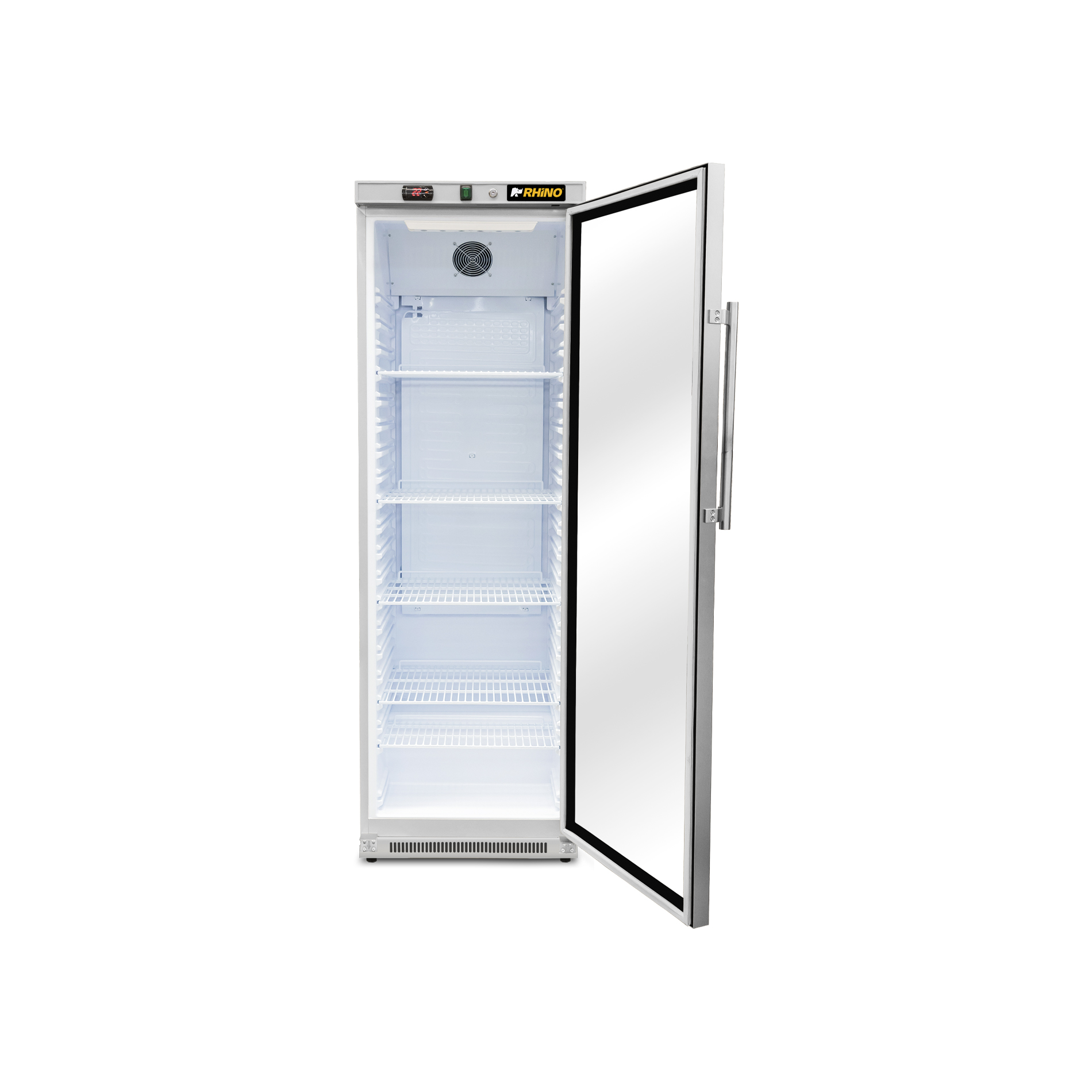 Refrigerador vertical Rhino REVEAB-13C con puerta de cristal abierta