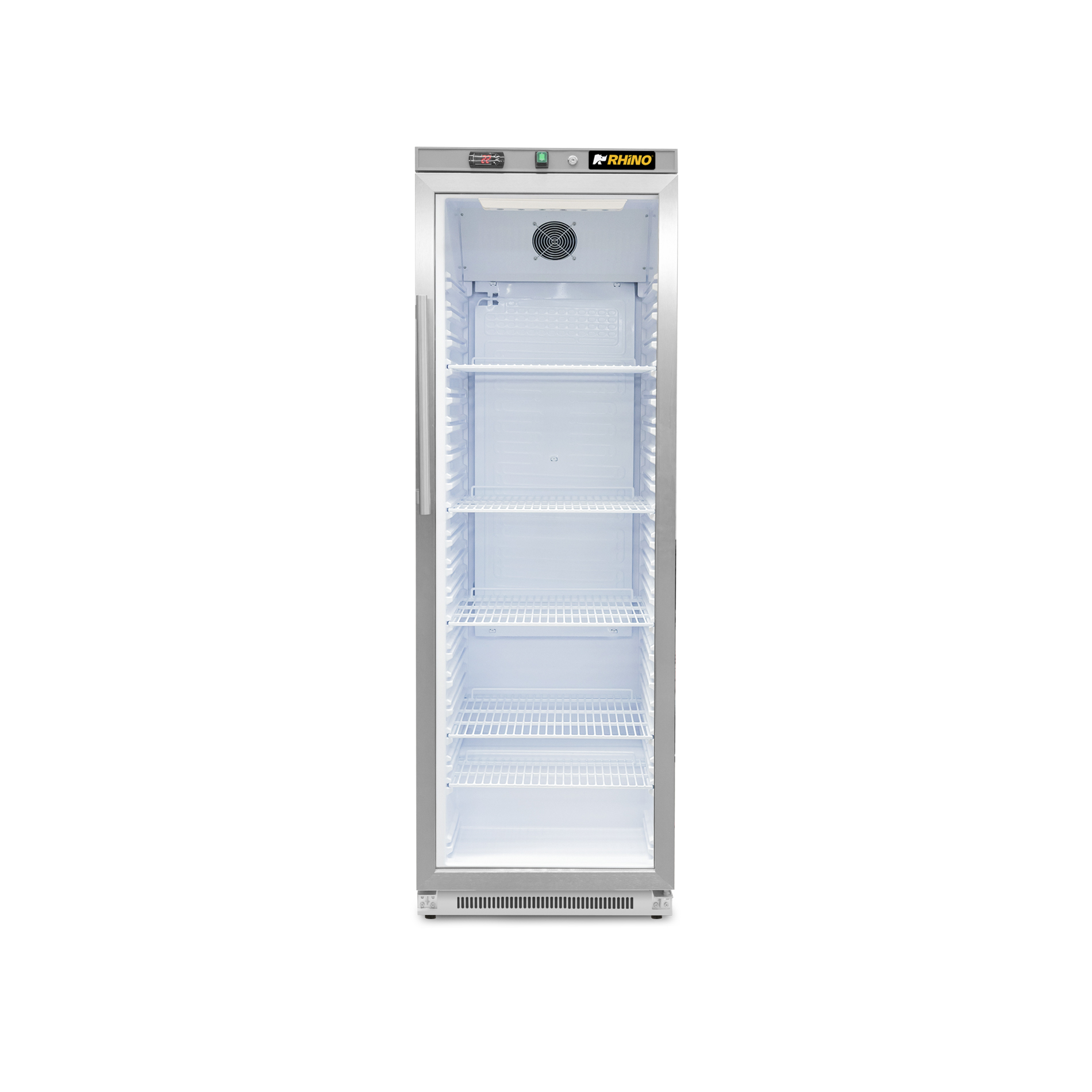 Refrigerador vertical Rhino REVEAB-13C vista frontal con iluminación LED