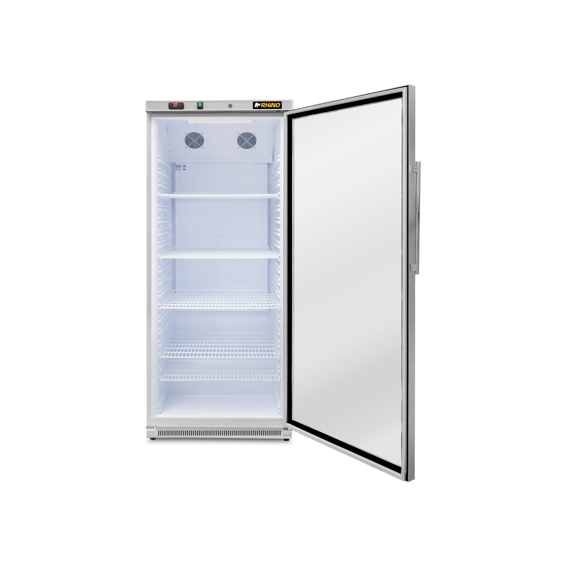 Refrigerador vertical Rhino REVEAB-19C con puerta de cristal abierta