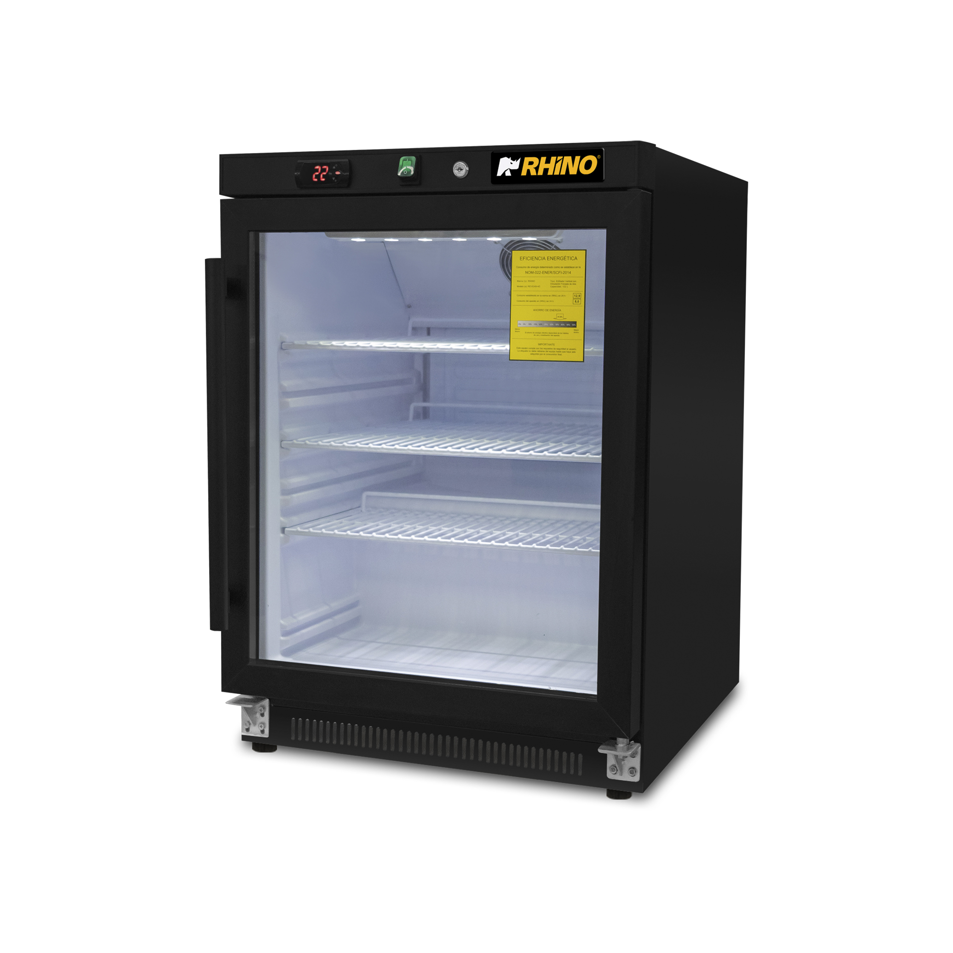Refrigerador vertical Rhino REVEAB-4C con puerta de cristal vista diagonal derecha