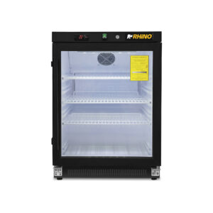 Refrigerador vertical Rhino REVEAB-4C vista frontal con iluminación LED