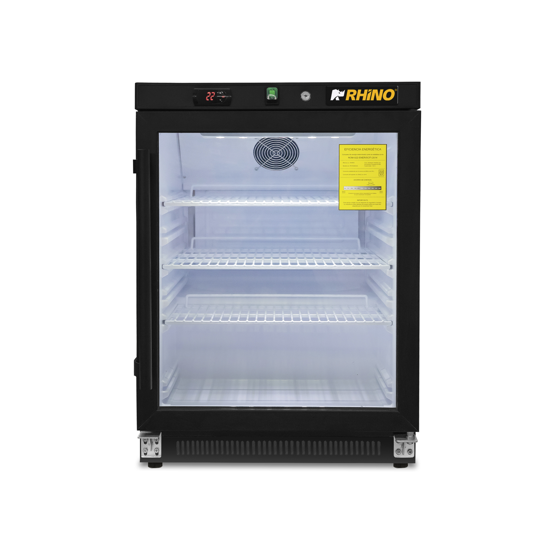 Refrigerador vertical Rhino REVEAB-4C vista frontal con iluminación LED