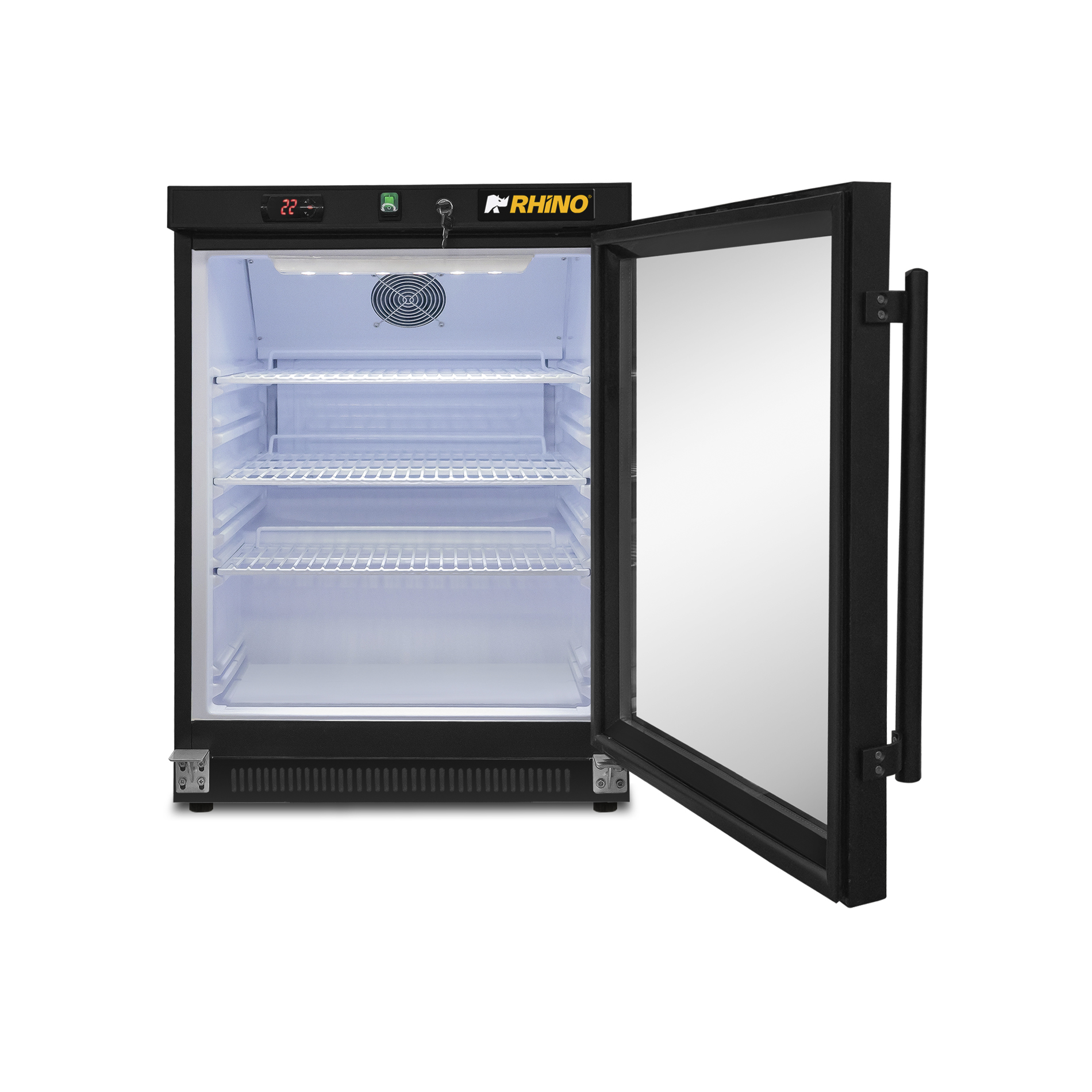 Refrigerador Rhino REVEAB-4C con puerta de cristal abierta y tres parrillas interiores