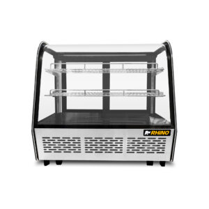 Vitrina refrigerada Rhino VIREMO-120 vista frontal con cristal curvo y dos parrillas