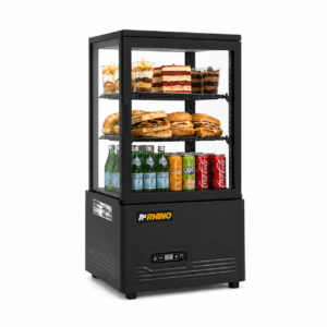Vitrina refrigerada Rhino VIVEPA-2 exhibiendo postres, sándwiches y bebidas