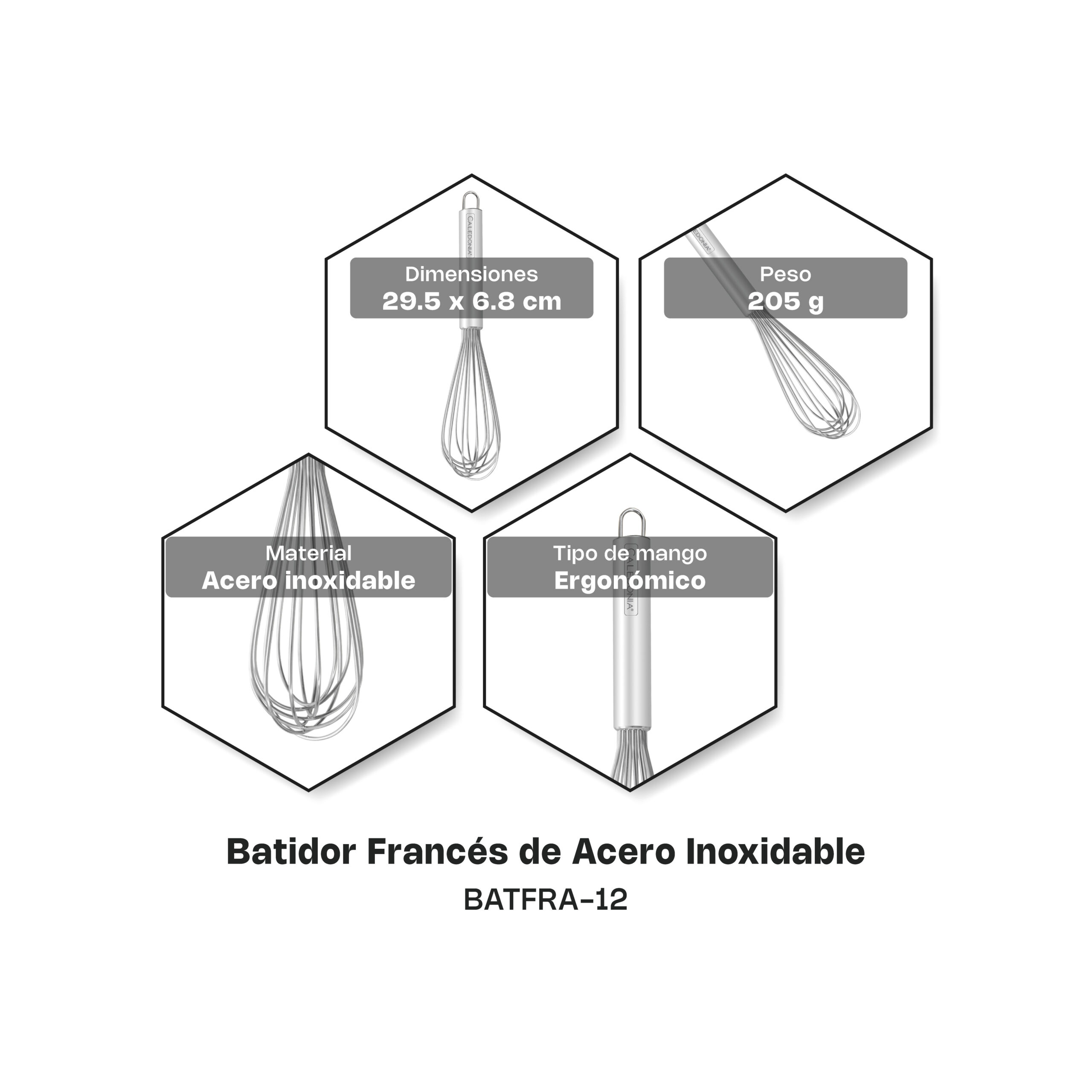 Batidor francés BATFRA-12 29.5 x 6.8 cm de acero inoxidable con mango ergonómico