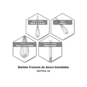 Batidor francés BATFRA-16 39.5 x 8.4 cm acero inoxidable mango ergonómico